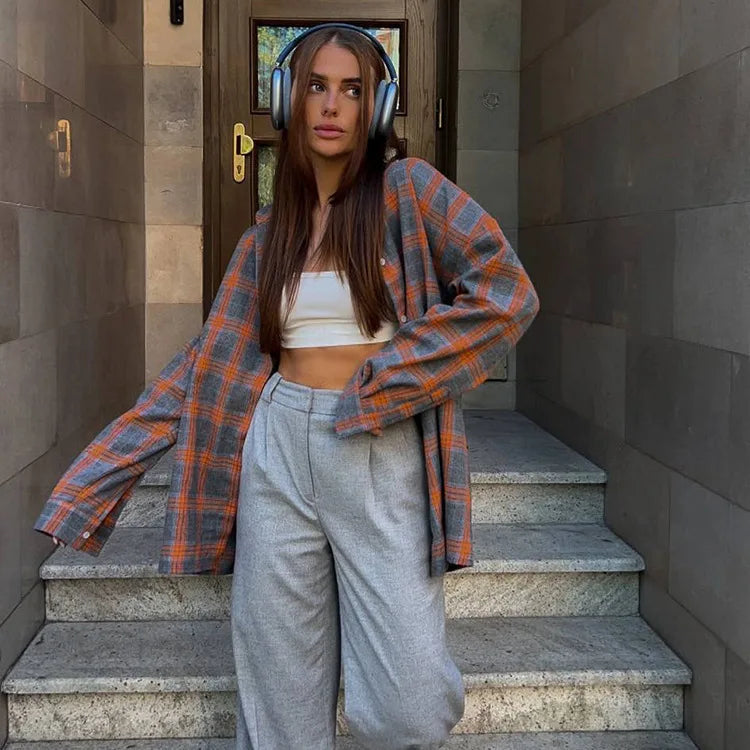New Vintage Women Oversized Long Sleeve Plaid Shirt Blouse Tops Button Down Loose Pocket Shirt