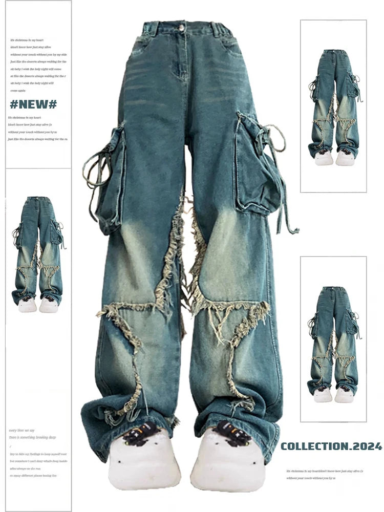 Women Blue Cargo Jeans Baggy Vintage 90s Aesthetic High Waist  Harajuku Denim Trousers