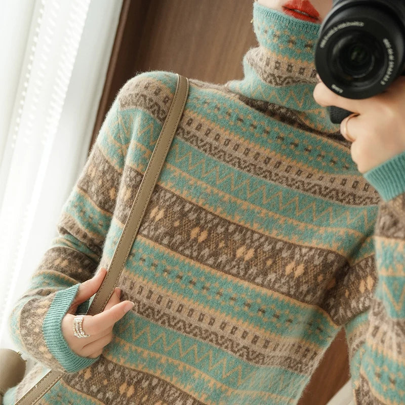 Autumn and Winter Wool Cashmere Sweater Women's High Neck Pullover Casual Knitted Loose Korean Fashion Top