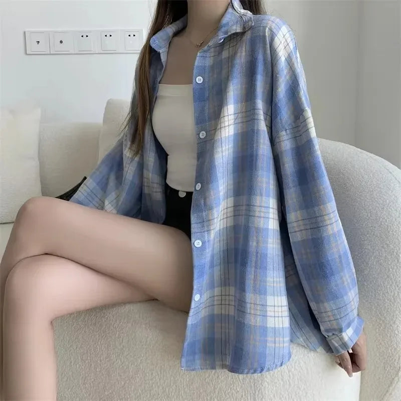 Plaid Shirt Women Fashion Long Sleeve Top checker pattern button down shirt for females