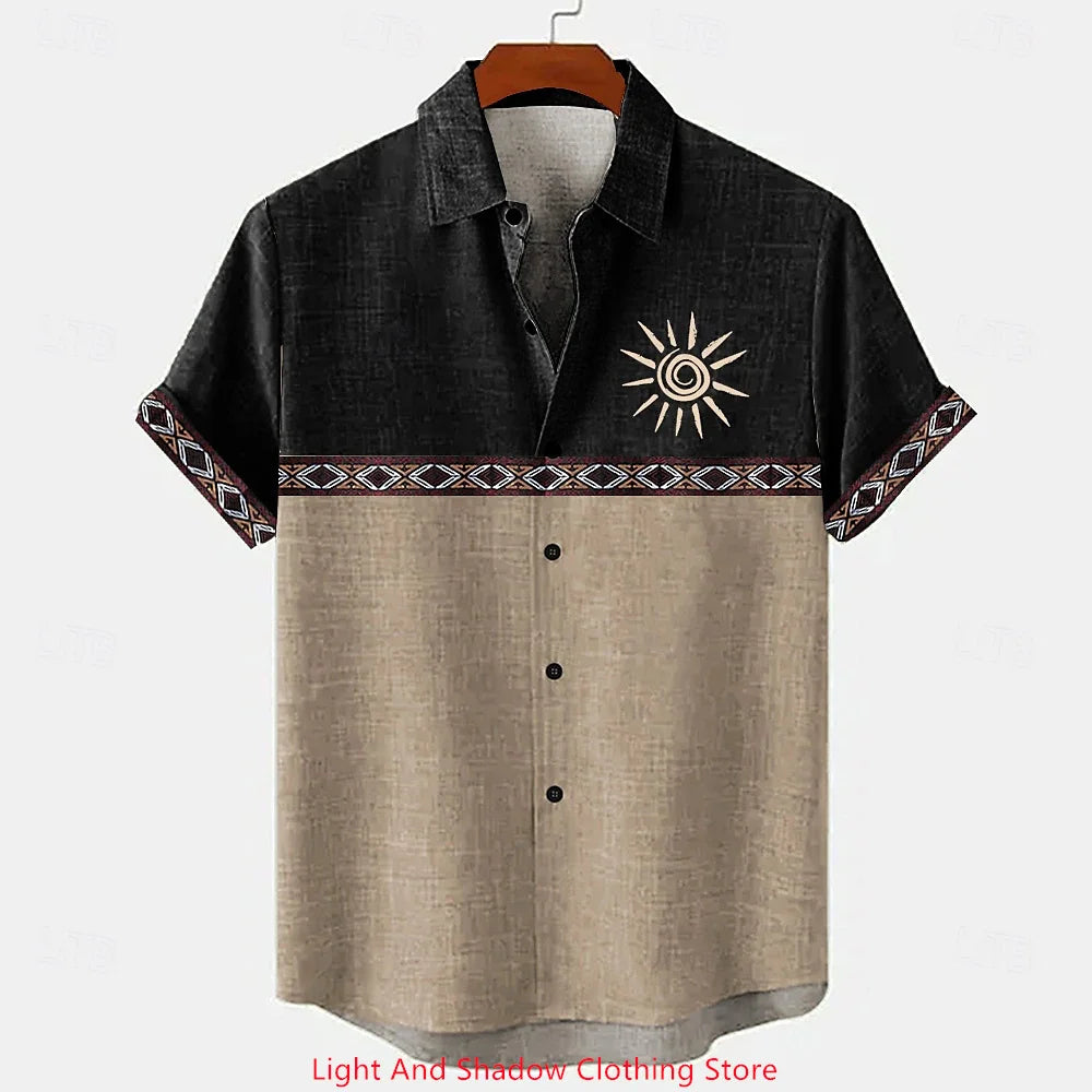 Men's linen shirt summer short sleeved patchwork pattern printed short sleeved top button up ethnic clothing