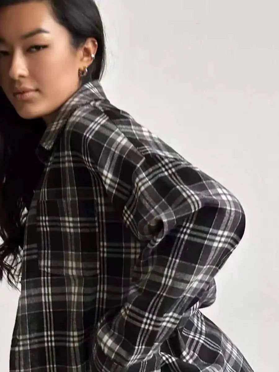 New Vintage Women Oversized Long Sleeve Plaid Shirt Blouse Tops Button Down Loose Pocket Shirt
