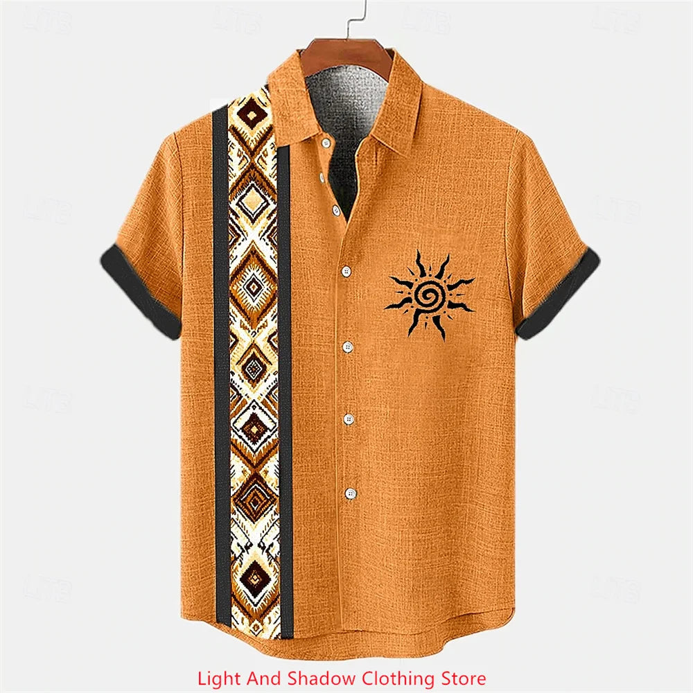 Men's linen shirt summer short sleeved patchwork pattern printed short sleeved top button up ethnic clothing
