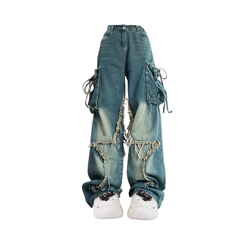 Women Blue Cargo Jeans Baggy Vintage 90s Aesthetic High Waist  Harajuku Denim Trousers