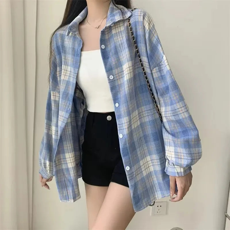 Plaid Shirt Women Fashion Long Sleeve Top checker pattern button down shirt for females