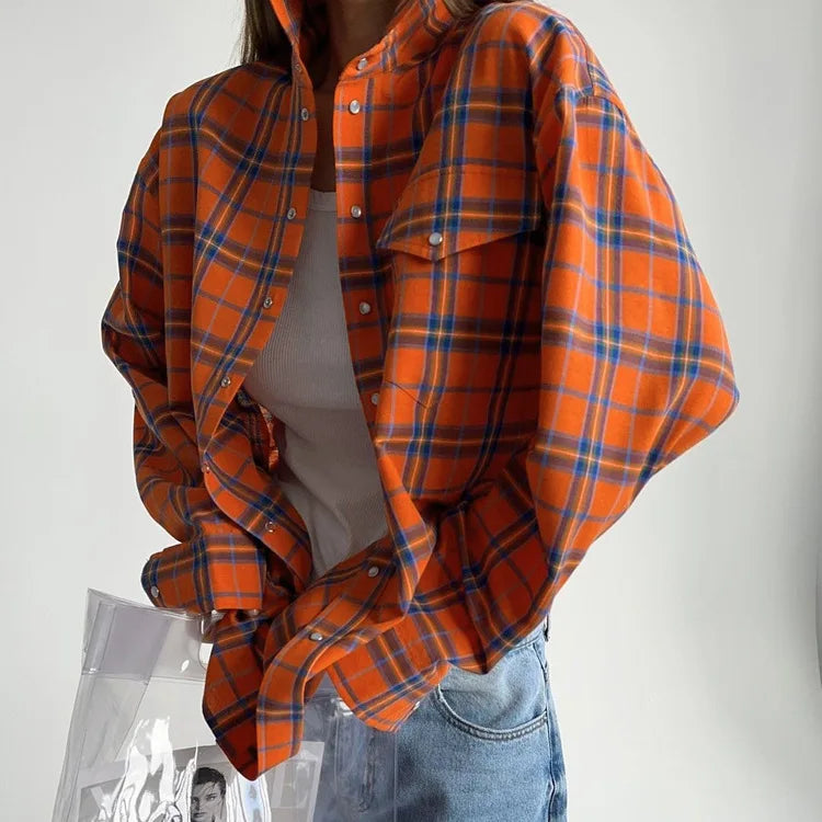 New Vintage Women Oversized Long Sleeve Plaid Shirt Blouse Tops Button Down Loose Pocket Shirt