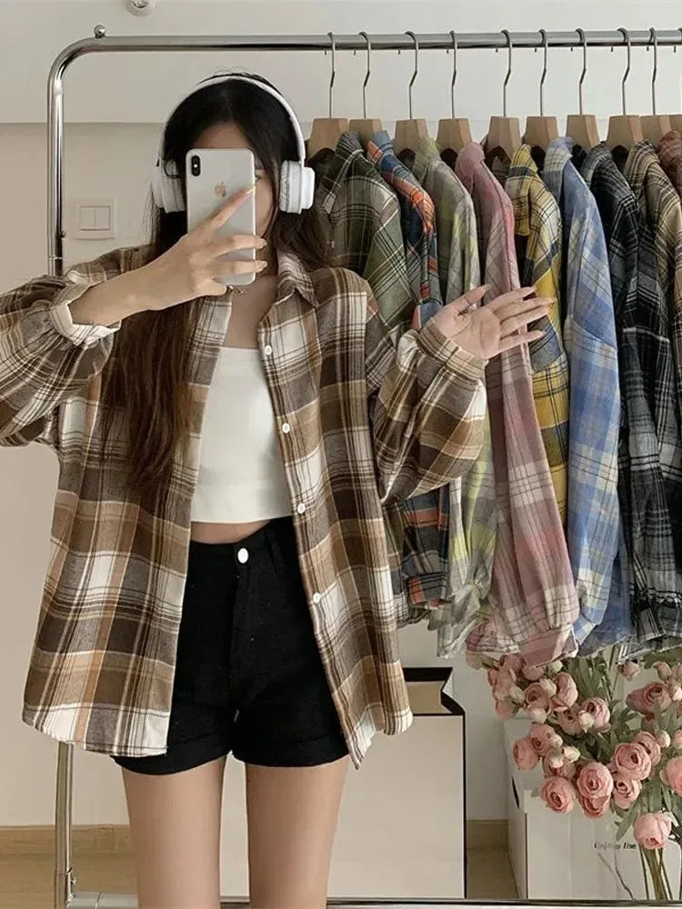 Plaid Shirt Women Fashion Long Sleeve Top checker pattern button down shirt for females