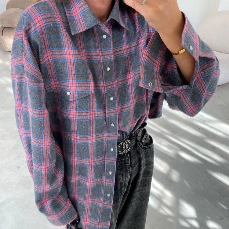 New Vintage Women Oversized Long Sleeve Plaid Shirt Blouse Tops Button Down Loose Pocket Shirt