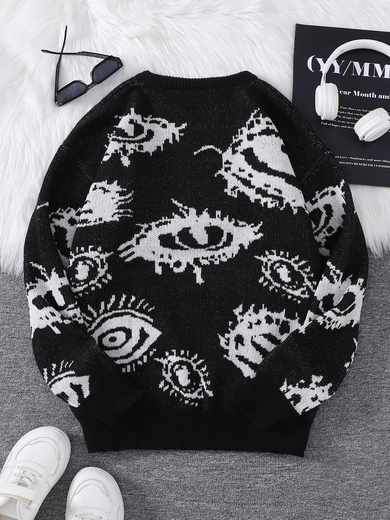 New Popular Autumn and Winter Abstract Eye Pattern Pullover Sweater Round Neck Knitted Men's Pullover