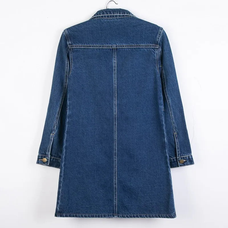 Women Denim Jacket Long Sleeve Pockets Mid-Length Jean Coat 2024 Fashion