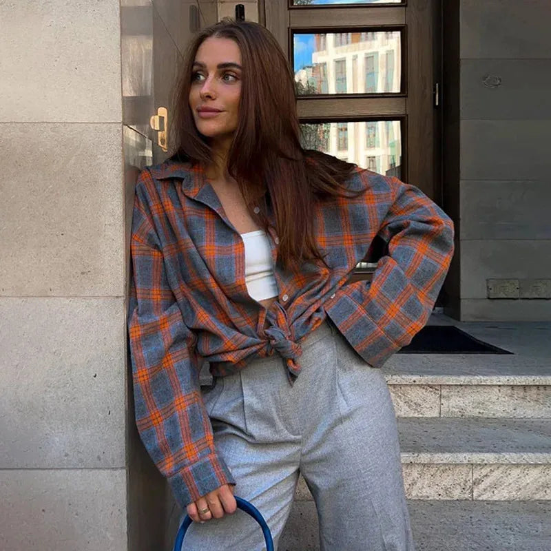New Vintage Women Oversized Long Sleeve Plaid Shirt Blouse Tops Button Down Loose Pocket Shirt