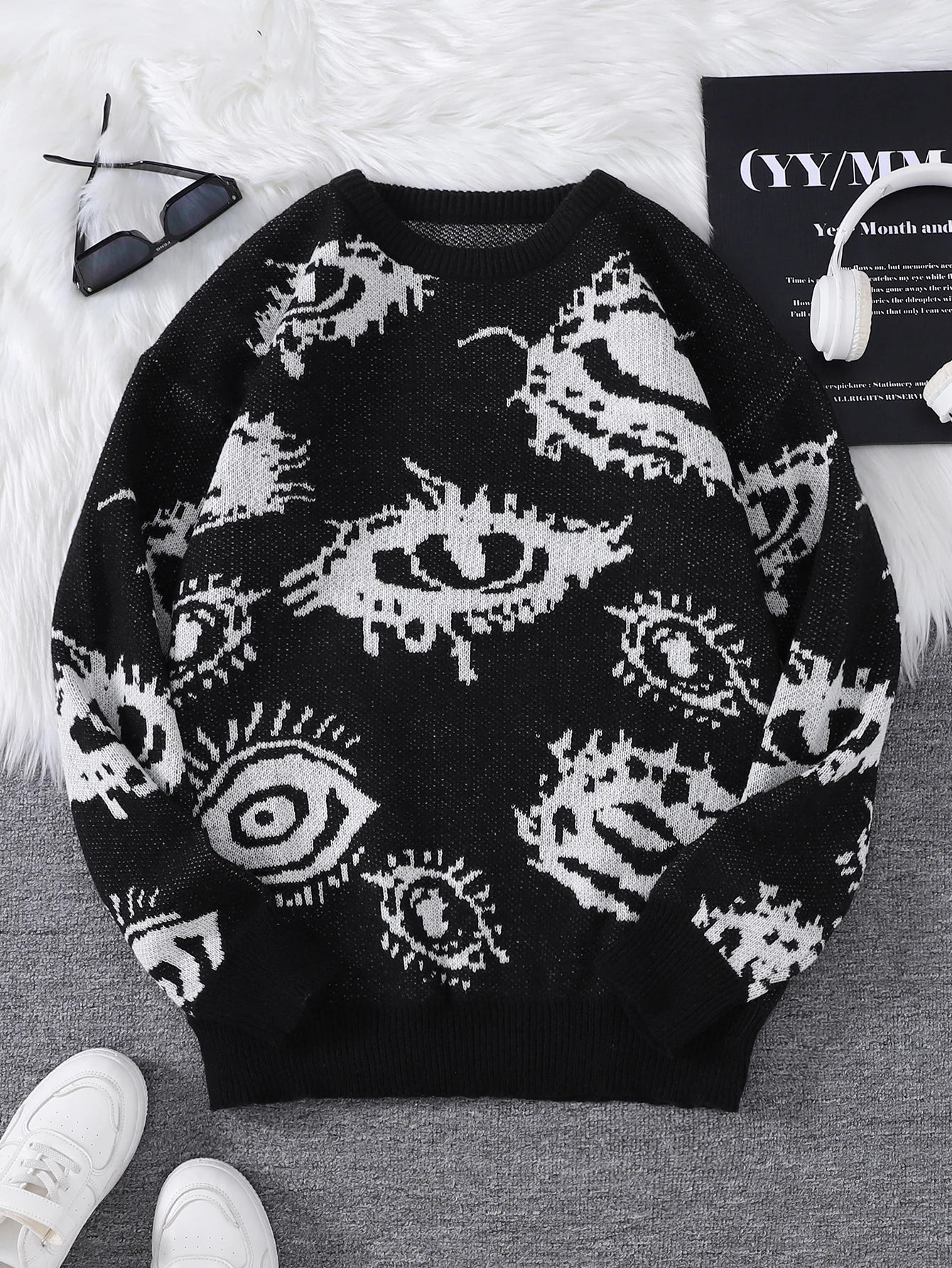 New Popular Autumn and Winter Abstract Eye Pattern Pullover Sweater Round Neck Knitted Men's Pullover