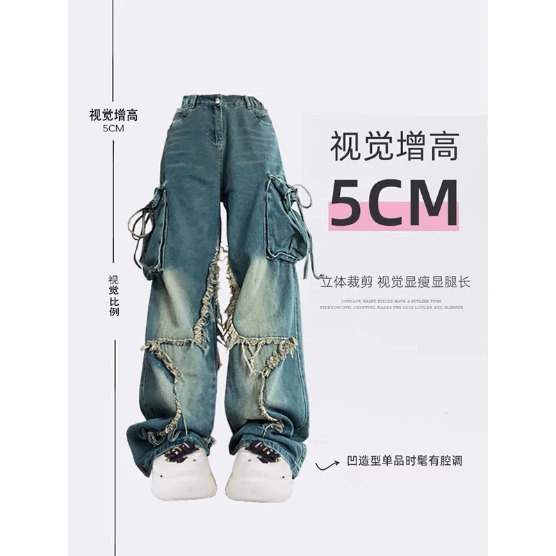 Women Blue Cargo Jeans Baggy Vintage 90s Aesthetic High Waist  Harajuku Denim Trousers