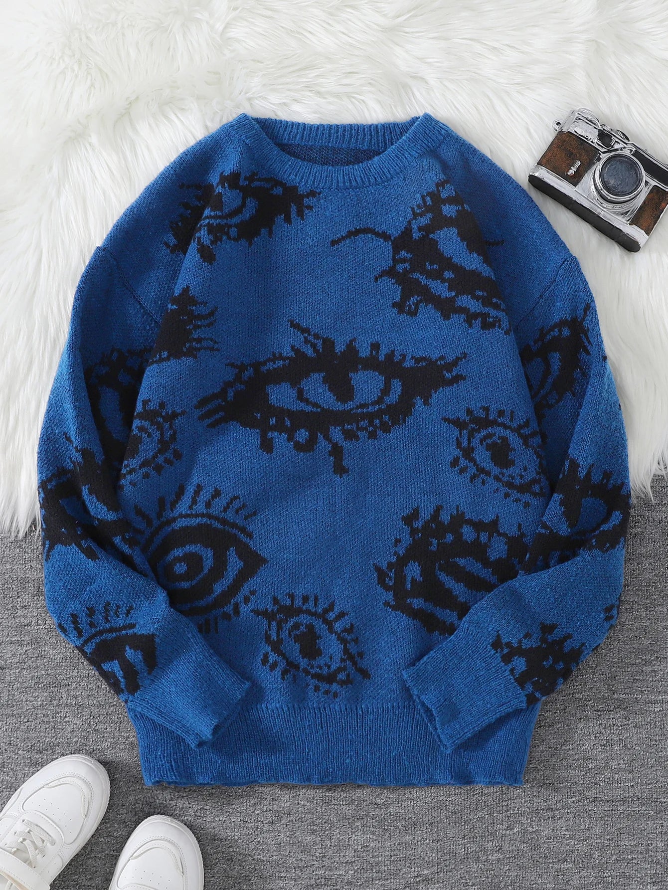 New Popular Autumn and Winter Abstract Eye Pattern Pullover Sweater Round Neck Knitted Men's Pullover