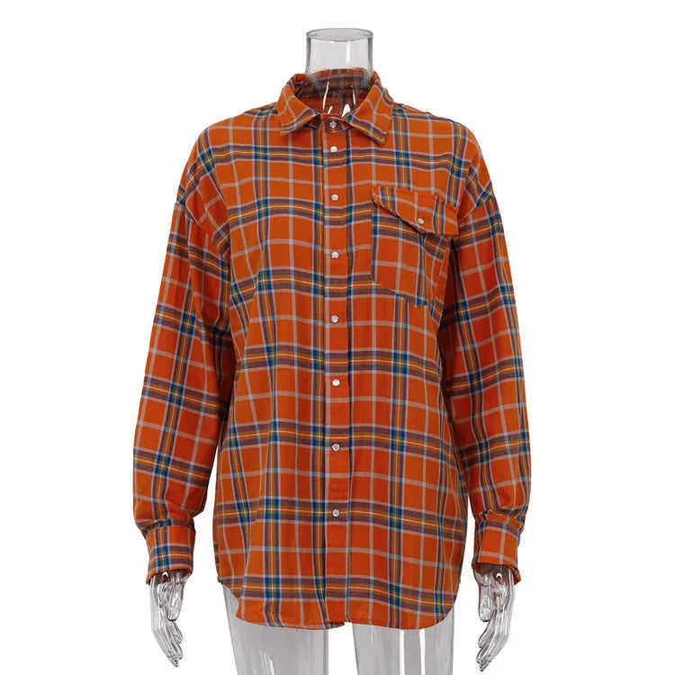 New Vintage Women Oversized Long Sleeve Plaid Shirt Blouse Tops Button Down Loose Pocket Shirt