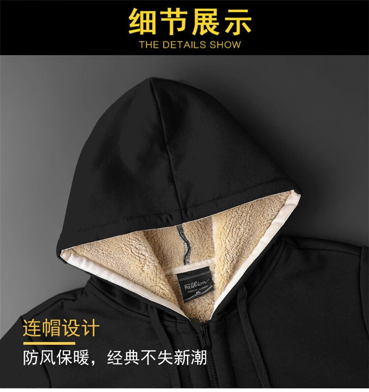 Winter Lambswool Coats Thicken Warm Long Sleeve Zipper Hoodie Casual  Black Coat Hooded Men Jacket