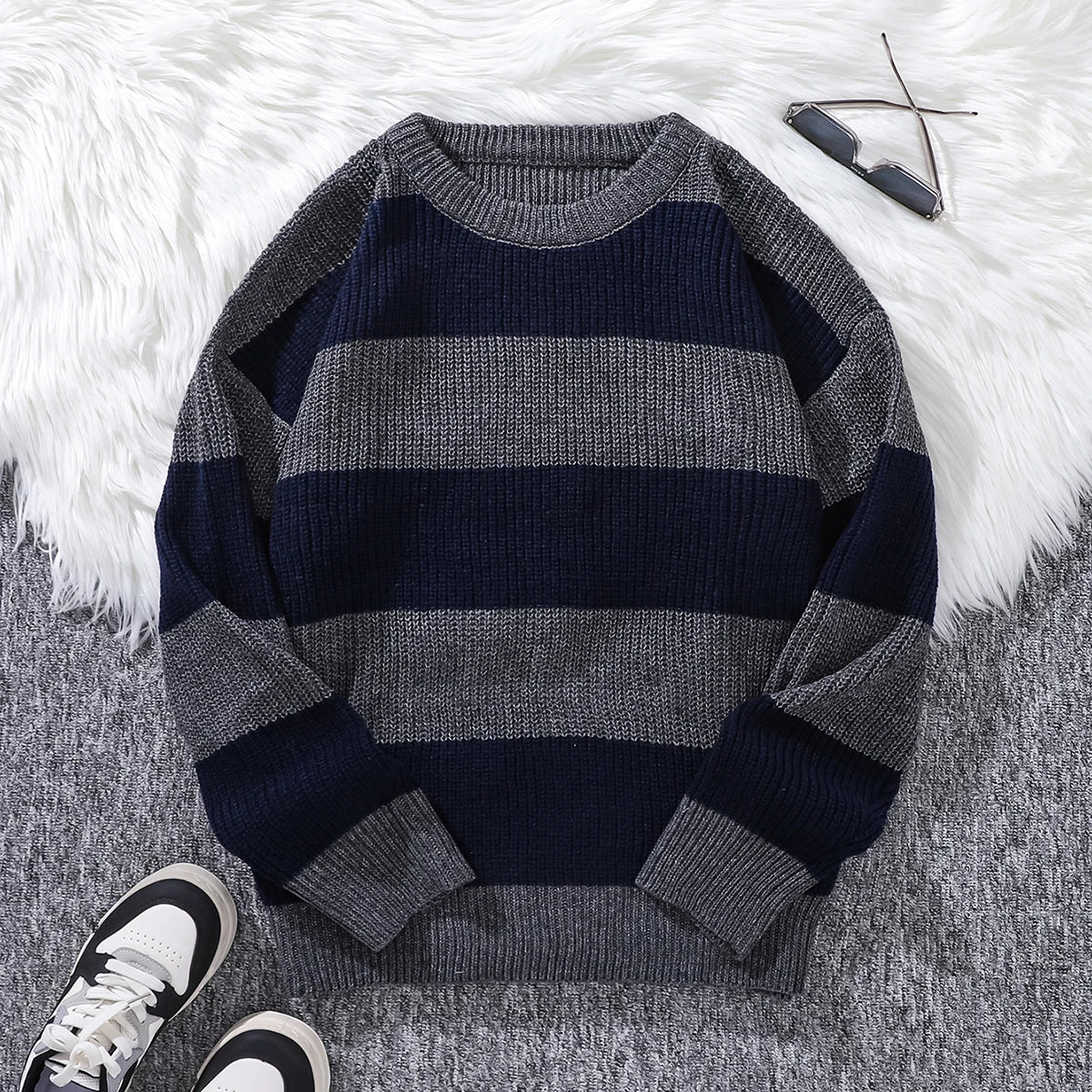 New Loose Bottoming Sweater Casual Versatile Striped Pullover Men's Round Neck Sweater